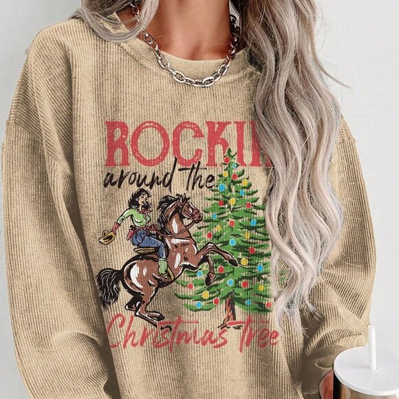 Khaki Casual Women's Christmas Pattern Print Crew Neck Sweatshirt - Picture 1 of 5